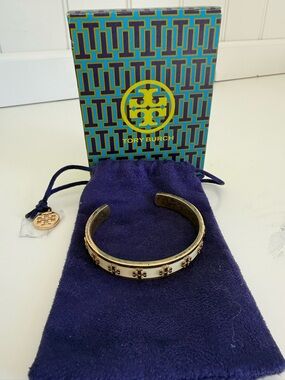 Tory Burch Gold and Cream Logo Enamel Cuff Bracelet